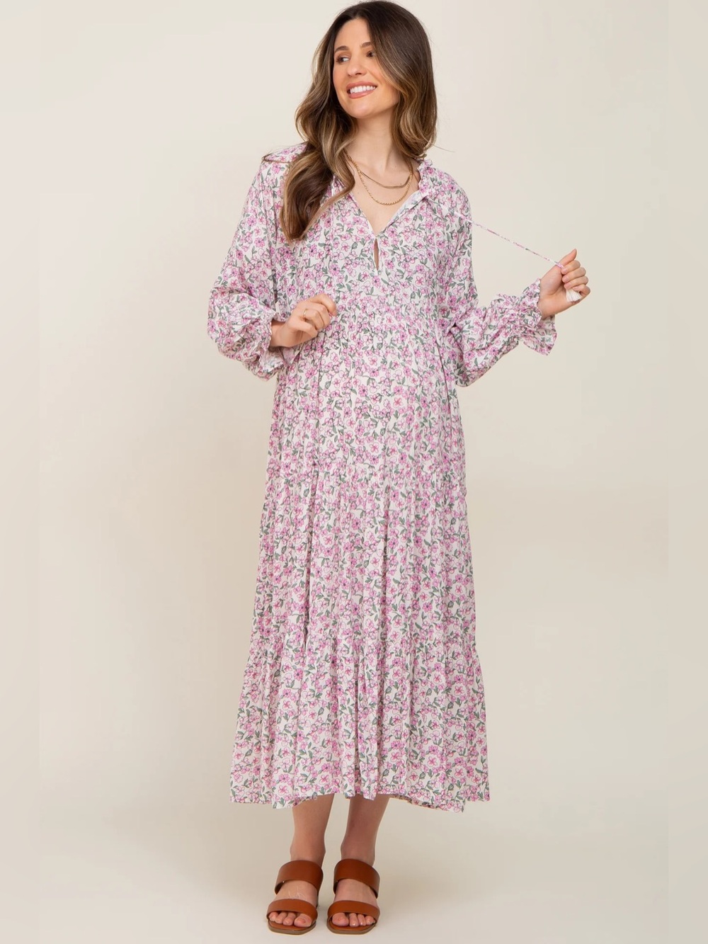 NWT Pink Floral Flowy Tie-Neck Maxi Dress